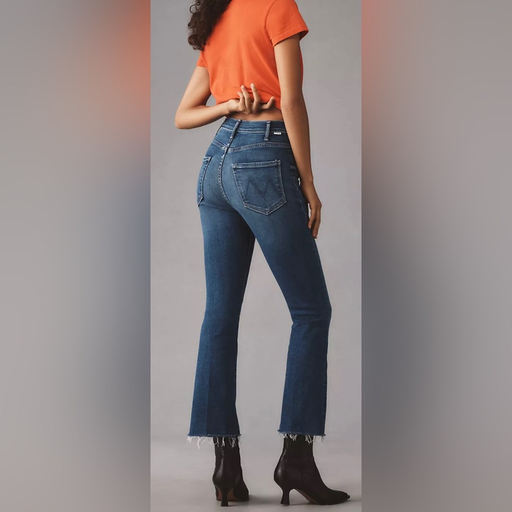 MOTHER High-Rise Raw Hem Cropped Flare Jeans in Dark Blue